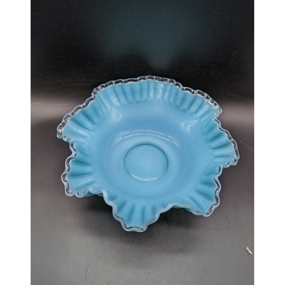 Fenton Blue Turquoise Milk Glass Ruffled‎ Bowl Clear Silver Crest Rim Vintage